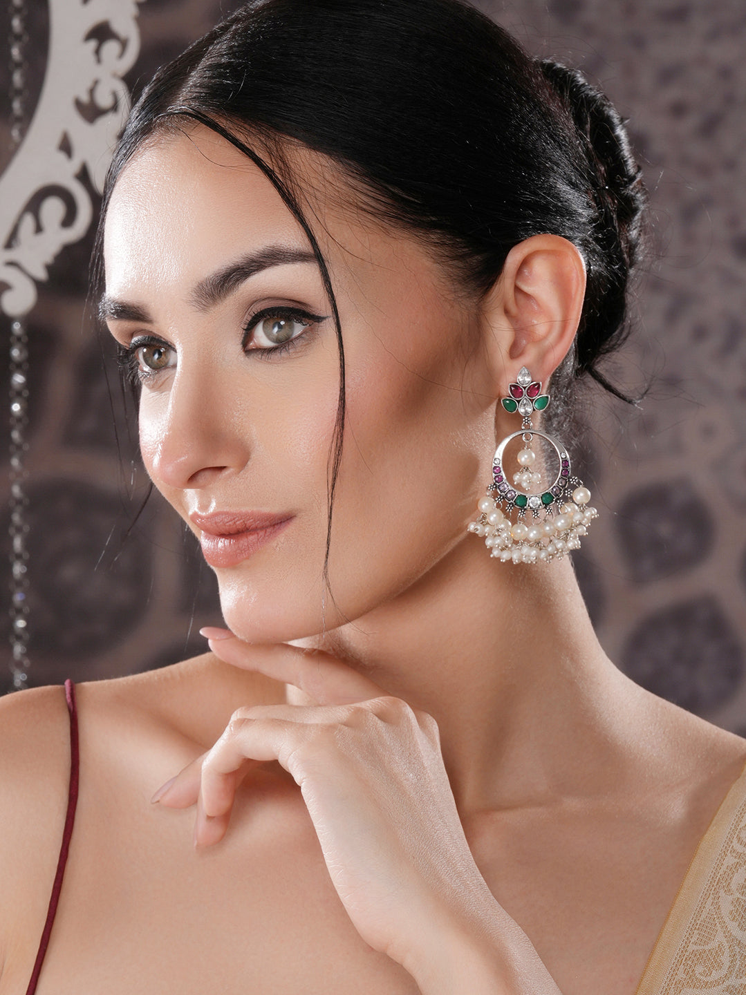 Silver Oxidised  Plated Red & Green AD Studded Handcrafted  Chandbali Dropdown Earrings